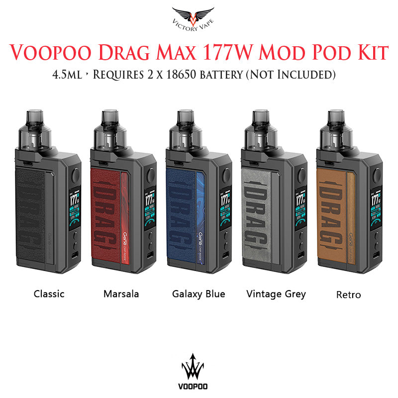  VooPoo DRAG Max Pod Mod 177W Starter Kit • 4.5ml (Requires 2 x 18650 not included) 