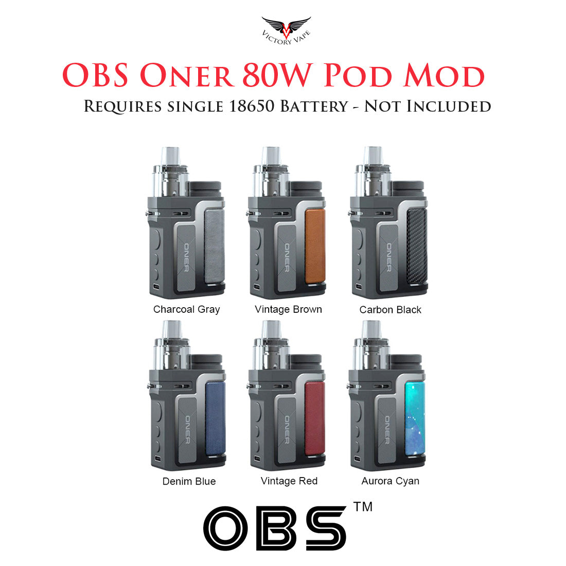  OBS Oner 80W SBS Pod Mod Starter Kit • 5ml USB-C (requires 18650 battery) 